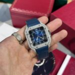 Cartier Santos Replica Watch Blue Dial Custom Moissanite Diamonds 39.8mm - Image 2
