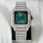 Cartier Santos Green Dial Copies Watch Custom Diamonds Moissanite BV Factory 39.8mm