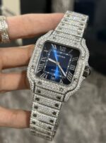 Cartier Santos Best Replica Watch Custom Moissanite Diamonds Blue Dial 39.8mm - Image 3