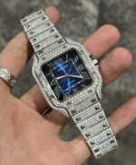 Cartier Santos Best Replica Watch Custom Moissanite Diamonds Blue Dial 39.8mm - Image 2