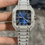 Cartier Santos Best Replica Watch Custom Moissanite Diamonds Blue Dial 39.8mm