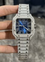 Cartier Santos Best Replica Watch Custom Moissanite Diamonds Blue Dial 39.8mm