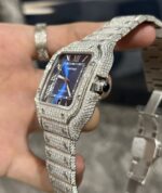 Cartier Santos Best Replica Watch Custom Moissanite Diamonds Blue Dial 39.8mm - Image 4