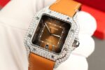 Cartier Santos Dial Brown Replica Watches Custom Diamonds Moissanite BV Factory 39.8mm - Image 5