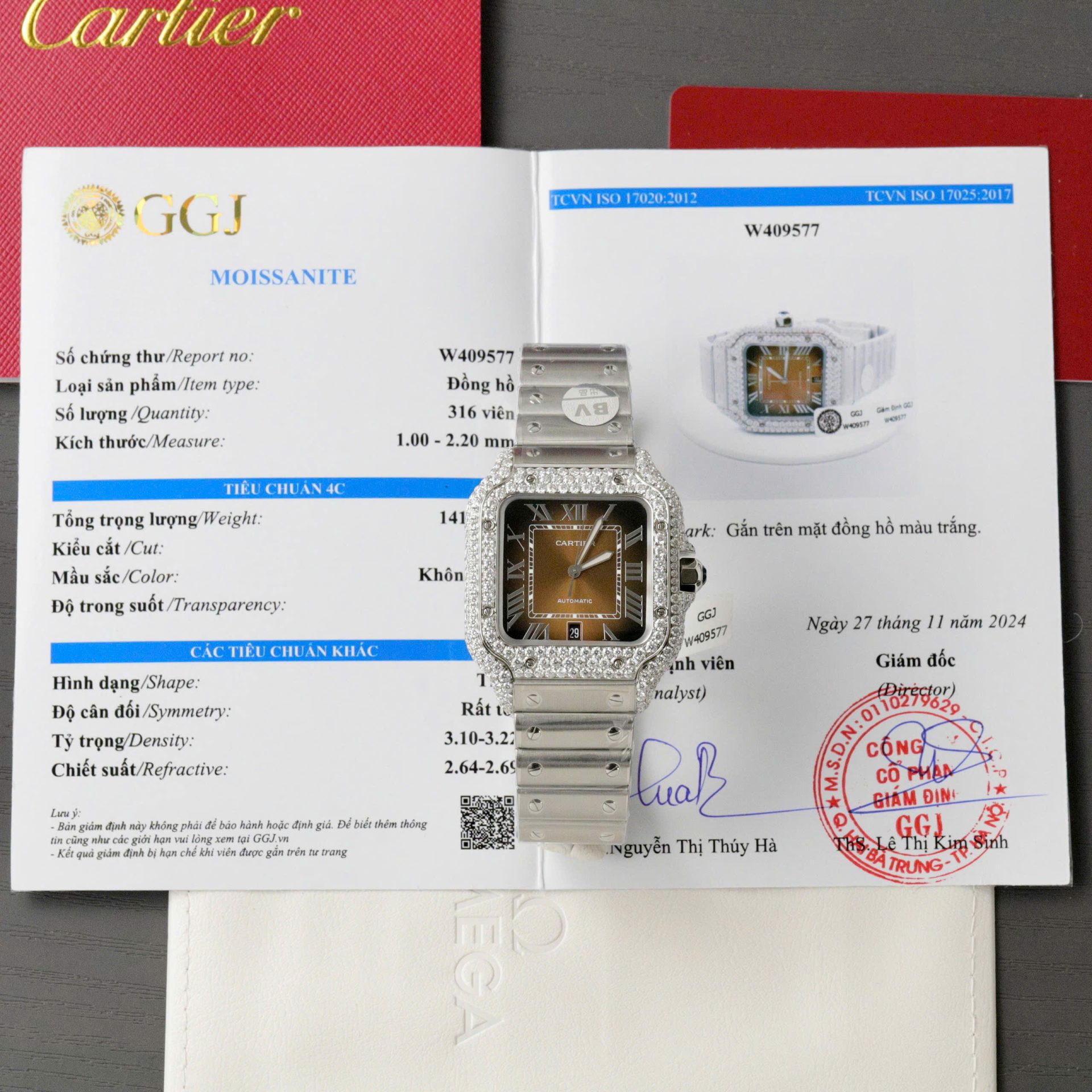 Dong-Ho-Cartier-Santos-Mat-Nau-Che-Tac-Do-Moissanite-Day-Kim-Loai-Xuong-BV-39-1.jpg Cartier Santos Brown Dial Replica Watches Custom Moissanite Diamonds Metal Wire BV Factory 39.8mm - Image 1