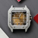 Cartier Santos Brown Dial Replica Watches Custom Moissanite Diamonds Metal Wire BV Factory 39.8mm - Image 4