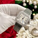 Cartier Santos Women White Dial Replica Watches Diamonds Moissanite Custom BV Factory 35mm - Image 4