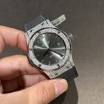 Hublot Replica Watch With Full Diamond Moissanite Diamonds Gray Dial Leather Strap 42mm - Image 3