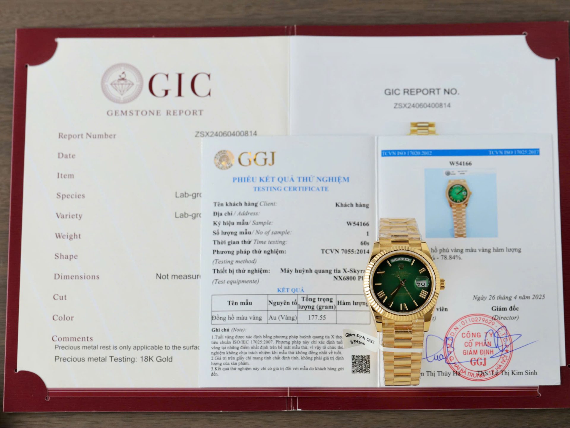 Dong-Ho-Nam-Rolex-Day-Date-Che-Tac-Mat-Ombre-Xanh-La-Cay-Boc-Vang-That-Xuong-GM-40mm-10.jpg Rolex Day-Date Ombre Green Dial Imitation Watches Gold Wrapped Custom GM Factory 40mm - Image 1