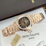 Patek Philippe Nautilus 5723 Brown Dial Replica Watches 18K Gold Wrapped + Moissanite Diamonds Baguette 40mm - Image 2