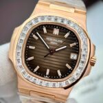 Patek Philippe Nautilus 5723 Brown Dial Replica Watches 18K Gold Wrapped + Moissanite Diamonds Baguette 40mm - Image 3
