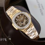 Patek Philippe Nautilus 5724R Brown Dial Imitation Watches Remake 18K Gold Wrapped + Diamonds Moissanite Baguette PPF Factory 40mm - Image 2