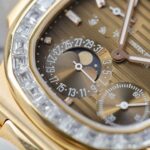 Patek Philippe Nautilus 5724R Brown Dial Imitation Watches Remake 18K Gold Wrapped + Diamonds Moissanite Baguette PPF Factory 40mm - Image 5