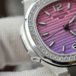 Patek Philippe Imitation Watches Nautilus 7010R Women Purple Pink Dial Bezel Diamonds CZ GR Factory 32mm - Image 7
