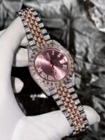 Rolex Replica Watch DateJust With Full Moissanite Diamond Pink Dial 41mm