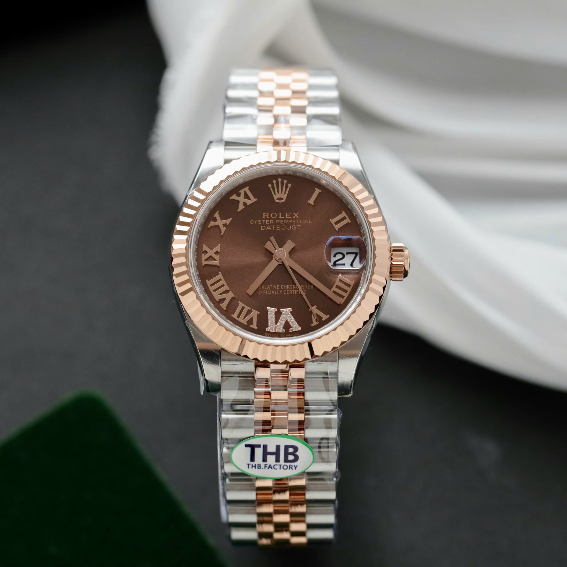 Dong-Ho-Rolex-DateJust-Nu-Replica-11-Demi-Vang-Hong-Mat-Chocolate-THB-31mm-6.jpg Rolex DateJust Women Demi Rose Gold Replica Watches Chocolate Dial THB Factory 31mm - Image 1