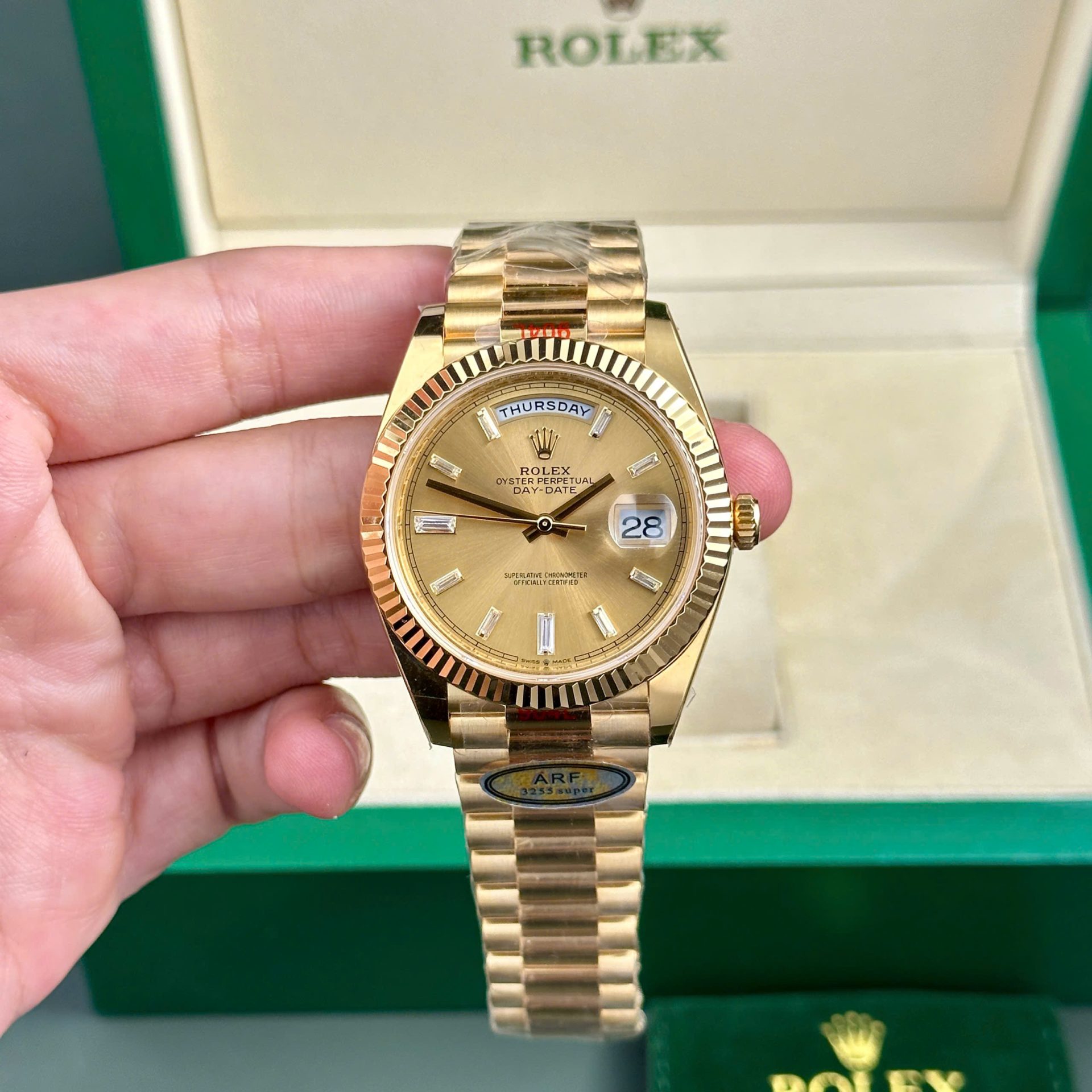Dong-Ho-Rolex-Day-Date-228238-Replica-11-Mat-Vang-May-Caliber-3255-Thuy-Sy-Nha-May-AR-40mm-8.jpg Rolex Day-Date 228238 Replica Watch Yellow Dial President Strap AR Factory 40mm - Image 1