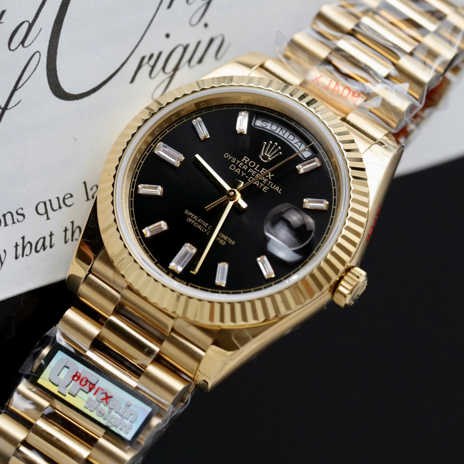 Dong-Ho-Rolex-Day-Date-Mat-Den-Rep-11-Trong-Luong-184-Grams-Nha-May-QF-40mm-2.jpg Rolex Day-Date Black Dial Knock Off Watches Weight 184 Grams QF Factory 40mm - Image 1