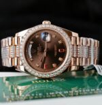 Rolex Day-Date Chocolate Dial Imitation Watches Gold Wrapped + Moissanite Diamonds Custom 36mm - Image 4