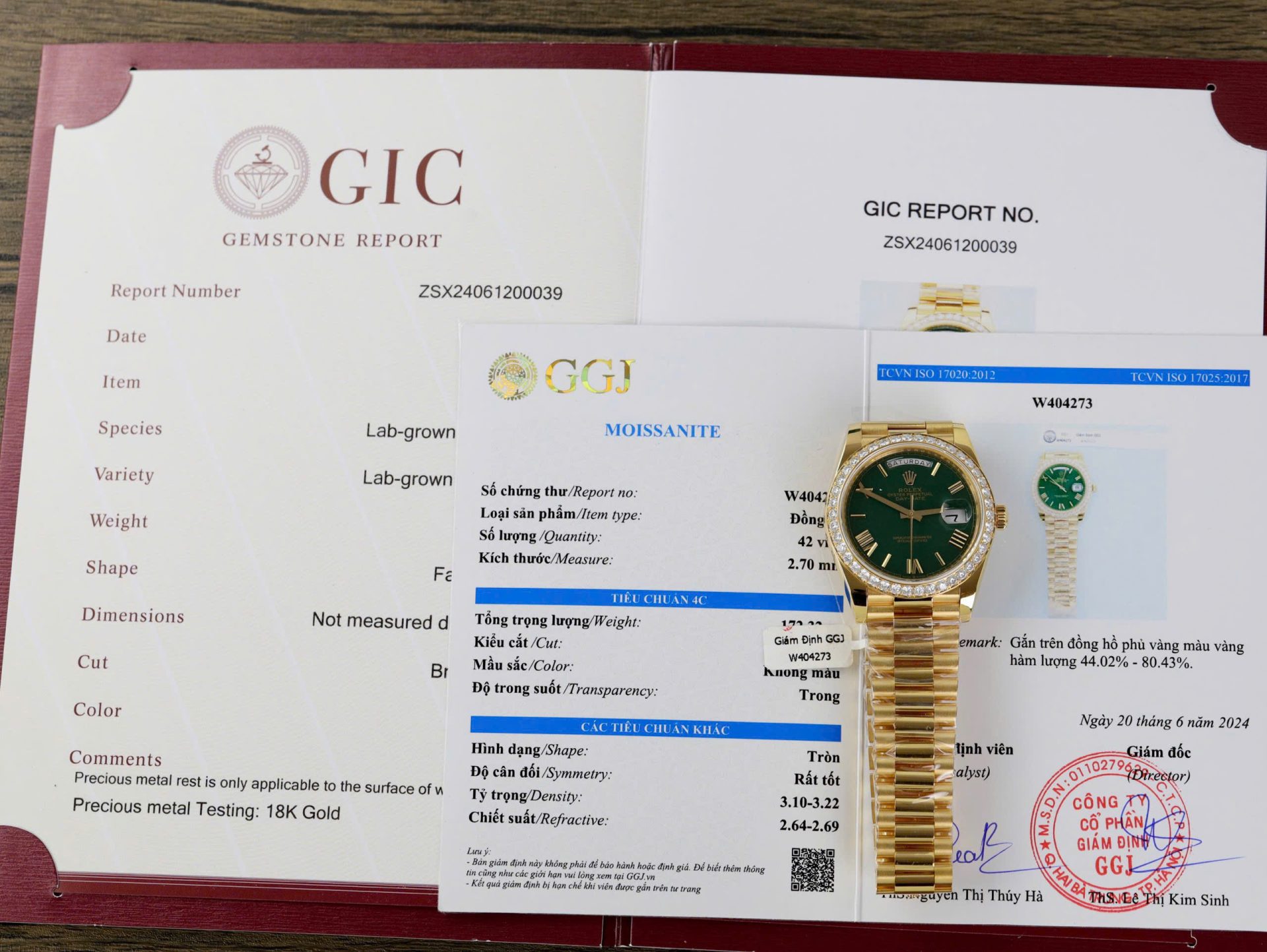 Dong-Ho-Rolex-Day-Date-Mat-Xanh-La-Cay-Che-Tac-Boc-Vang-That-Vien-Dinh-Kim-Cuong-Moissanite-Xuong-GM-40mm-1.jpg Rolex Day-Date Green Dial Knock Off Watches 18K Gold Wrapped + Bezel Moissanite Diamonds GM Factory 40mm - Image 1