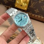 Rolex Land-Dweller 127236 Imitation Watches Ice Blue Dial Honeycomb Pattern Bezel Diamonds CZ Baguette Custom 36mm - Image 2