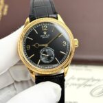 Rolex Perpetual 1908 Yellow Fake Watch Black Dial Leather Strap 39mm - Image 2