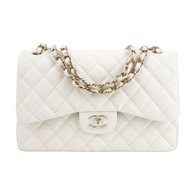 846242c48a59473399ae3b6fb83f93cc.webp Chanel Classic Flap Jumbo – White Caviar Leather & Gold-Tone Metal - Image 1