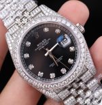 Rolex DateJust Black Dial Replica Watches Moissanite Diamonds Custom 41mm - Image 4