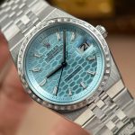 Rolex Land-Dweller 127236 Imitation Watches Ice Blue Dial Honeycomb Pattern Bezel Diamonds CZ Baguette Custom 36mm - Image 4