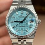Rolex Land-Dweller 127236 Imitation Watches Ice Blue Dial Honeycomb Pattern Bezel Diamonds CZ Baguette Custom 36mm - Image 5
