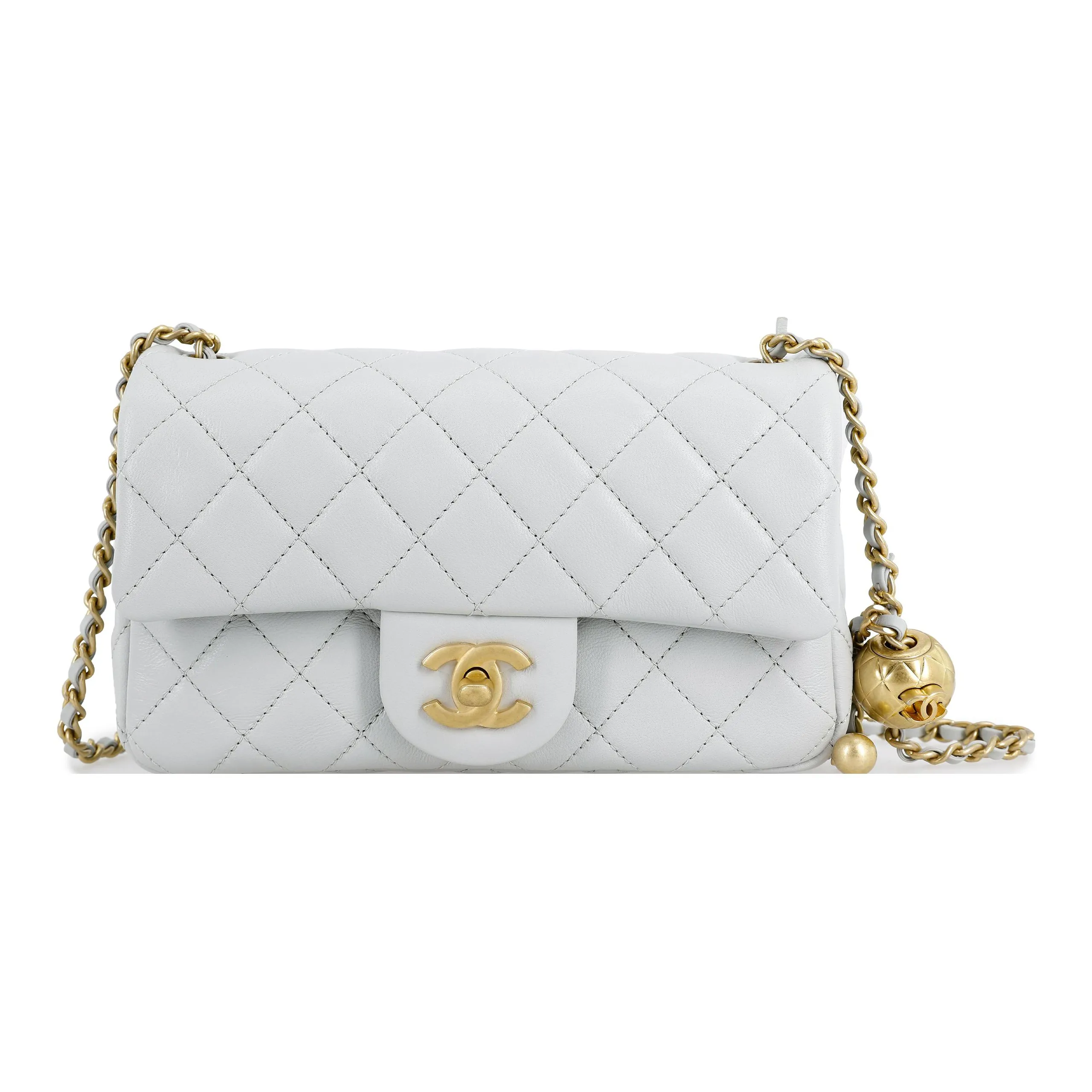 d18ecf302e89448dbdd87c58075ff62e.webp Chanel Classic Flap Mini – Light Grey Lambskin & Gold-Tone Metal – Pearl Crush - Image 1